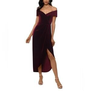 Xscape Burgundy Velvet Off-The-Shoulder Cocktail Midi Dress Size 12